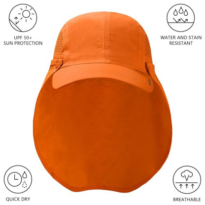 BASSDASH UPF 50+ Foldable Fishing Hat Baseball Cap with Removable Neck Flap Portable for Men Women Golf Hiking - color: Orange With Unfoldable Brim