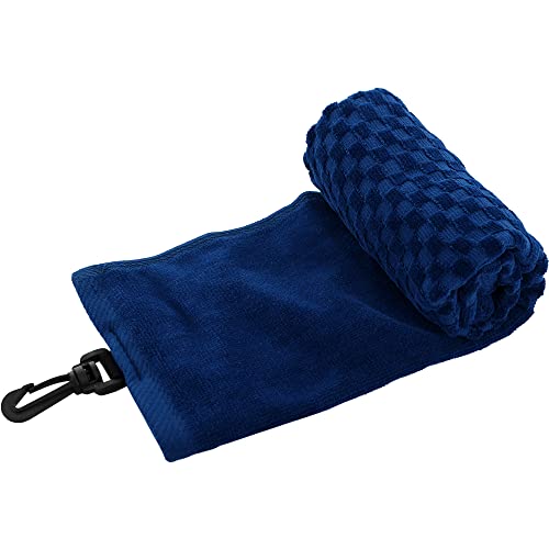 Cotton Golf Towel for Bag With Clip - Tri-fold Towel for Ball, Putter, Club Cleaning - Checkered Pattern Design (Dark Blue) - color: Dark Blue