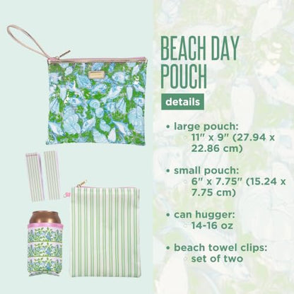 Lilly Pulitzer Water Resistant Vinyl Beach Day Pouch, Zipper Bag Includes Drink Hugger, Small Pouch, and Towel Clips - color: Throw Me a Line
