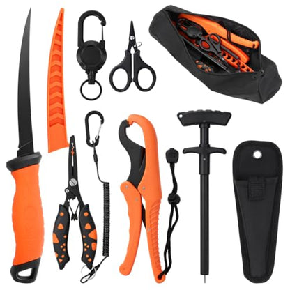 Fishing Tool Kit, Fishing Accessories with Fillet Knife, Fish Hook Remover, Fishing Pliers with Lanyard, Fish Lip Gripper, Fishing Braid Scissors, Tool Retractor