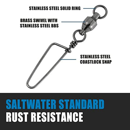 Dr.Fish Fishing Snap Swivels Ball Bearing Swivels Fishing Tackle Saltwater & Freshwater Coast-Lock Lure Snap Clips Terminal Tackle Line Leader Connector Accessories - size: #10-503LB(3.9")