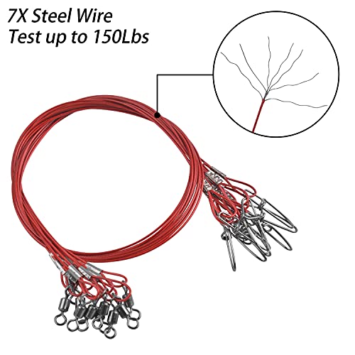 Fishing Wire Leaders Saltwater, 15pcs Heavy Duty 150LB Stainless Steel Line Leaders with Rolling Swivels and Snaps Nylon-Coated Saltwater Line Wire Leader Connect Tackle Lures Rig or Hooks 19.7inch - color: Red
