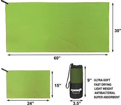 EPAuto 2-Pack Microfiber Quick Dry Travel Towel Set, Green | Lightweight, Super Absorbent, Compact, 60"x30" & 24"x15", for Gym/Camping/Beach/Yoga/Backpacking - color: Green