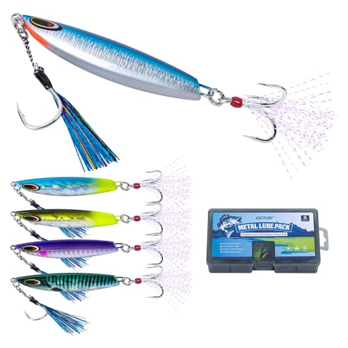 Goture Fishing Jigs, 30g 40g 50g 60g Vertical Jig Saltwater Freshwater, Jig Lures with Assist Hook and Treble Hook, 5PCS Jigging Spoon Lures with Tackle Box, Fishing Jigs for Tuna, Salmon, Bass - color: A2 with Tackle Box, size: 30g
