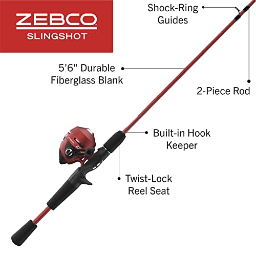Zebco Slingshot Spincast Reel and Fishing Rod Combo, 2-Piece Fishing Pole, Right-Hand Retrieve, Pre-Spooled with 10-Pound Zebco Line - color: Red