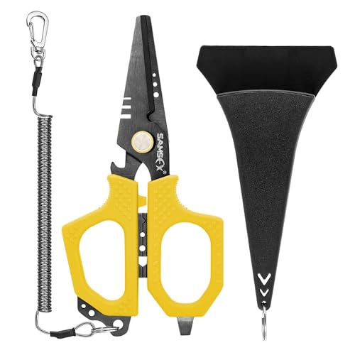 SAMSFX Fishing Braid Line Scissors Shears with Titanium Coating and Dual-Serrated Blade, Kraton Handle, Arrives with Hard Sheath and Coiled Lanyard (Yellow Kraton Handle) - color: Yellow Kraton Handle