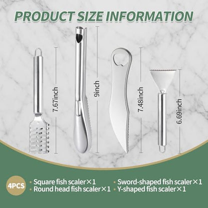 4 PCS Fish Scaler, Stainless Steel Fish Scale Remover, Fish Descaler Tool with Serrated Blade Design, Ideal for Home, Kitchen, Seafood Markets, and Professional Use - size: 4PCS