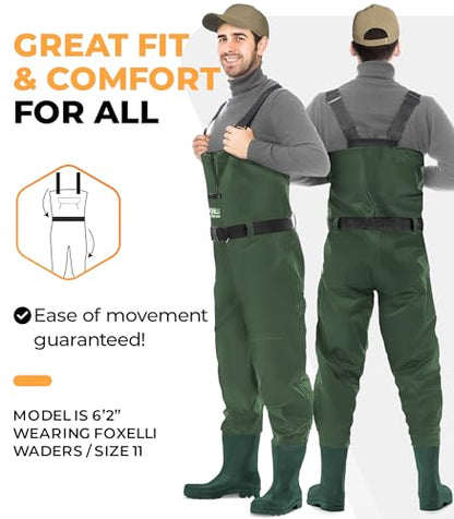 Foxelli Chest Waders – Waterproof 2-ply Nylon/PVC Camo Hunting Fishing Waders for Men and Women with Boots - color: Green, size: 7