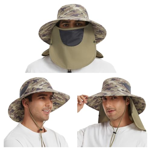 BASSDASH UPF 50+ Breathable Sun Hat with Removable Face Cover and Neck Flap Wide Brim Bucket Hat for Fishing Hiking Men Women - color: Earth Camo/Khaki