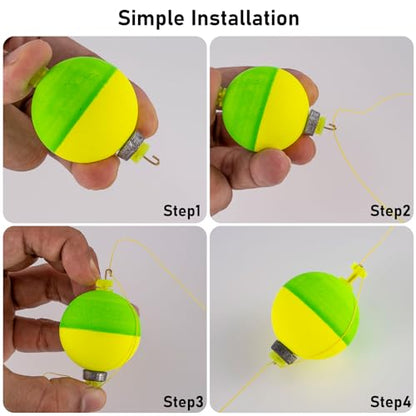 Dr.Fish 10 Pack Weighted Fishing Bobbers Snap-on Spring Floats EVA Foam Push Button Clip on Floats Fly Fishing Trout Bass Crappie Catfish - color: Green/Chartreuse, size: Diam 1.25''(1/4oz)