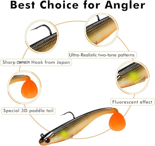 TRUSCEND Shadtale Easy Catch Soft Fishing Lures with BKK Hooks - Trembly Sinking and Vibrating Swim for More Bites, Pre-Rigged Swimbaits for Bass, Trout, Crappie, Walleye, Freshwater Saltwater Fishing - color: 3.5",0.45oz