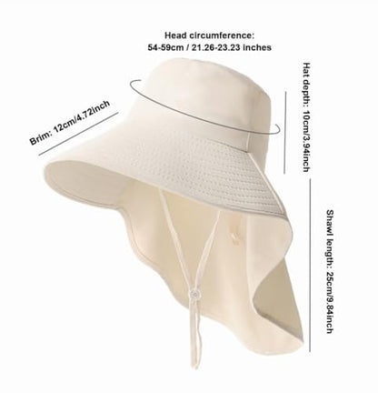 Women Wide-Brim-Bucket-Ponytail-Sun-Hats - Summer UV Protection Sun Hat Foldable Fishing Hat with Neck Flap Pony Hole