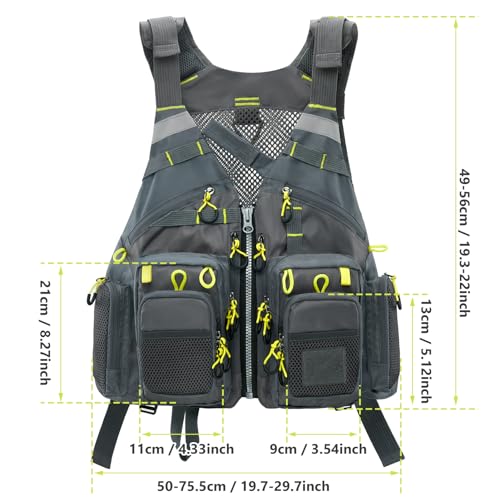 Gonex Fly Fishing Vest for Men Women, Comfortable Adjustable Fishing Vest with Multi-Pockets Reflective Stripes - color: Gray+yellow