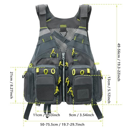 Gonex Fly Fishing Vest for Men Women, Comfortable Adjustable Fishing Vest with Multi-Pockets Reflective Stripes - color: Gray+yellow