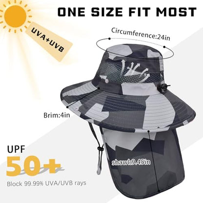Sun Hats for Men Women, UPF50+ Protection Safari Hat,Wide Brim Fishing Hat with Neck Flap,Bucket Hats for Beach Hiking - color: Camodgrey