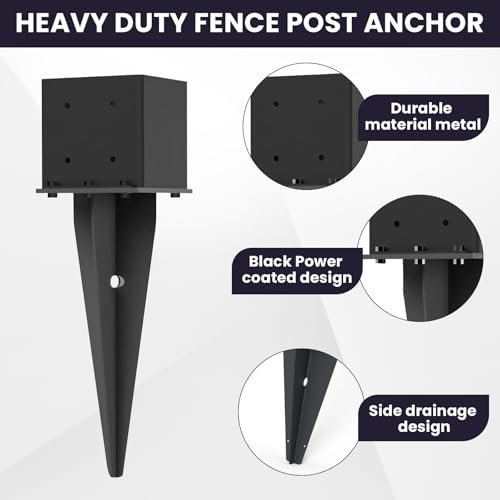 2 Pcs 22" Fence Post Anchor Ground Spike| Black Powder-Coated| 6"x6" | Actual 5.6"x5.6" Heavy Duty Metal Fence Post Anchor for Deck| Fence| Porch| Railing| Mailbox - size: 2 Pcs, style: 6"x 6"
