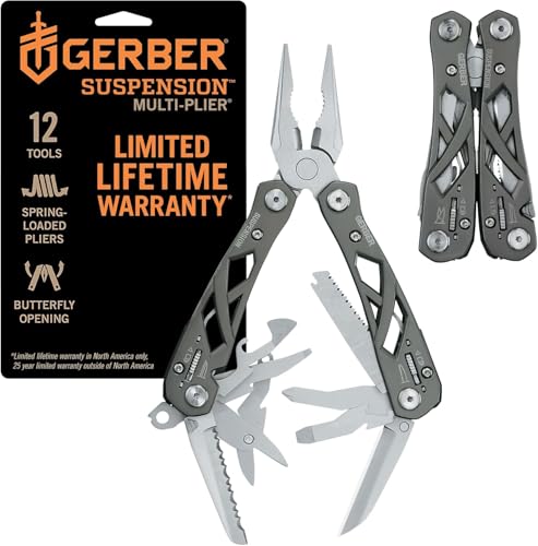 Gerber Gear Suspension 12-in-1 EDC Multi-Plier Multitool with Pocket Knife, Needle Nose Pliers, Wire Cutters and More, Gifts for Men, Camping and Survival, Grey - color: Grey
