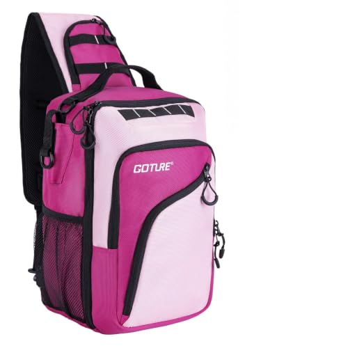 Goture Pink Fishing Tackle Bag, 1680D Water-Resistant Sling Fishing Backpack with Rod Holder, Anti-Slip Waist Strap, Trays not included, Fishing Gifts for Women Girls - color: Pink, style: 1680d Double-strand Pu Backpack (Trays Not Included)