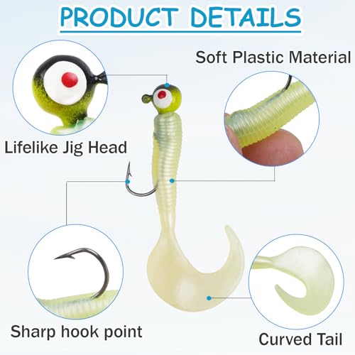 Soft Fishing Lures Jig Head Hooks Kit, 17pcs Crappie Jigs Soft Plastic Grub Tail Worm Lures Tackle for Bass Trout Saltwater Freshwater Fishing Mixed Color