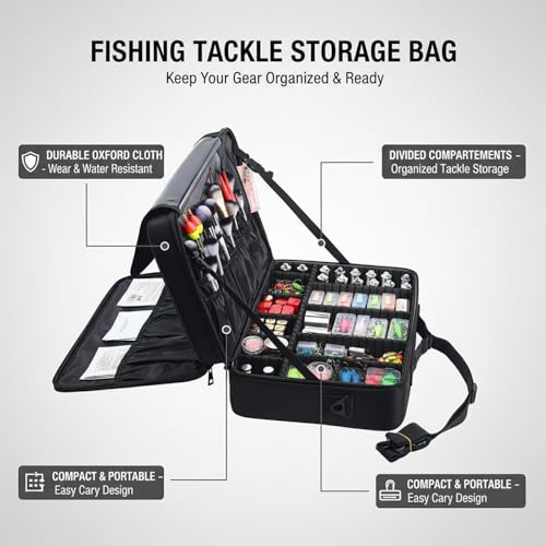Oxford Cloth Fishing Tackle Bag with Dividers, Portable Lure & Hook Storage Case for Anglers, Black - size: 16.93 x 12.2 x 6.69 in