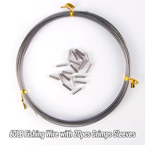 Alwonder 32.8ft Fishing Wire Fishing Leader Line with 20pcs Crimps Sleeves, Nylon Coated 1x7 Stainless Steel Leader Wire Freshwater Saltwater for Pike, Billfish, Bluefish, Muskie, Wahoo - size: 60LB