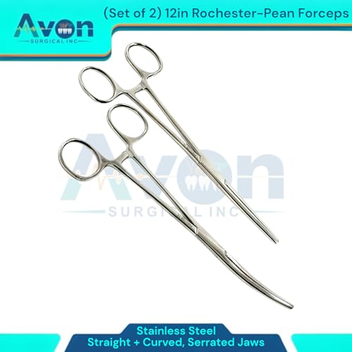 Pack of 2pcs - 12" Pean Hemostat Forceps with Serated Jaws | Curved + Straight | Autoclave-Safe Stainless Steel Fishing Pliers, Multi-Purpose