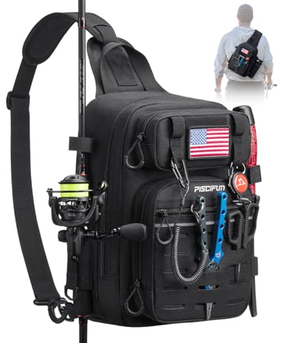 Piscifun Fishing Backpack Tackle Bag with 2 Rod Holders, Multi-Compartment Storage, MOLLE System, Water-Resistant Lightweight Outdoor Pack - color: Single Shoulder - Black, style: Standard