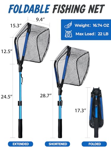 Jenseits Foldable Fishing Landing Net with Telescopic Aluminum Handle, Rubber Coated Fish Net, EVA Floating Frame, Lightweight Extendable Net for Kayak Boat Bass Trout Fishing, Great Gifts for Men
