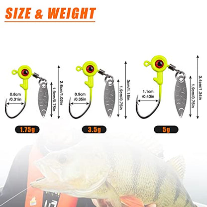 Crappie Jig Heads Fishing Lures Kit, 15pcs Underspin Jig Heads with Spinner Blade Crappie Lures Eye Ball Head Painted Fishing Jigs for Bass, Trout, Panfish, Sunfish - color: Chartreuse, size: 1.75g(1/16oz)-15pcs