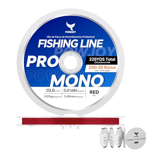 Monofilament Fishing Line with Knot Guide Card, Tangle-Free Snap Ring for No More Mess, Low Memory Smooth Casting Nylon Mono String, 15/20/30/50/80LB, 220-1050 Yards - color: Red, size: 20LB 220Yards