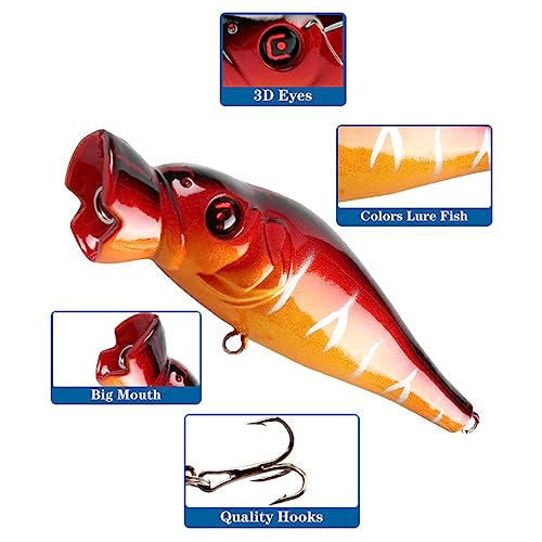 Popper Fishing Lures Topwater Fishing Baits Hard Baits 3D Eyes Swimbait Crankbait with Treble Hook for Bass Trout Freshwater Saltwater - color: 6pcs-3.3in/0.41oz