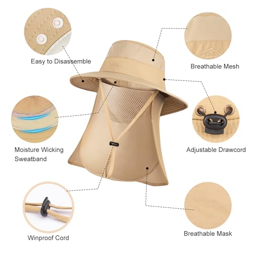 Sun Hats for Men Women, UPF 50+ Waterproof Bucket Hat, Wide Brim Fishing Hat with Removable Face Cover & Neck Flap - color: Light Grey