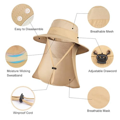 Sun Hats for Men Women, UPF 50+ Waterproof Bucket Hat, Wide Brim Fishing Hat with Removable Face Cover & Neck Flap - color: Dark Grey