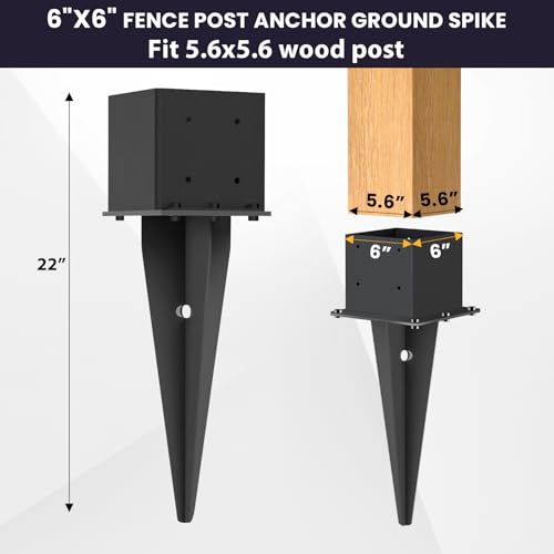 2 Pcs 22" Fence Post Anchor Ground Spike| Black Powder-Coated| 6"x6" | Actual 5.6"x5.6" Heavy Duty Metal Fence Post Anchor for Deck| Fence| Porch| Railing| Mailbox - size: 2 Pcs, style: 6"x 6"
