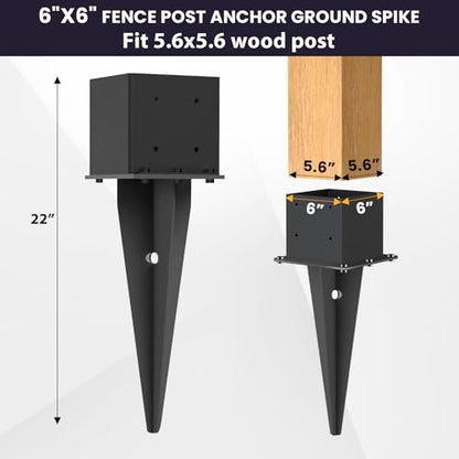 2 Pcs 22" Fence Post Anchor Ground Spike| Black Powder-Coated| 6"x6" | Actual 5.6"x5.6" Heavy Duty Metal Fence Post Anchor for Deck| Fence| Porch| Railing| Mailbox - size: 2 Pcs, style: 6"x 6"