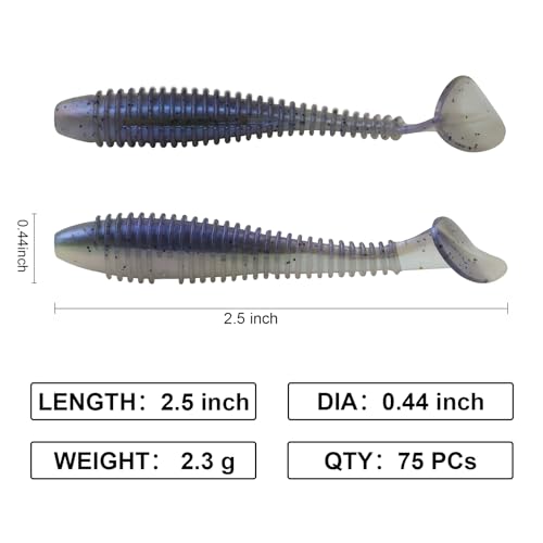 Paddle Tail Swimbaits, 2.5 inch/3inch Soft Lures Fishing Trout Crappie Bass for Freshwater and Saltwater 75PCS/60PCS - color: Junebug Purple, size: 2.5 inch, 75 PCs