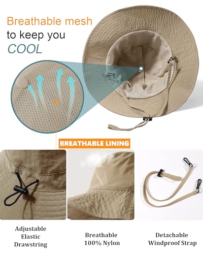 Water-Resistant Sun UPF 50+ Bucket Hat Protection Packable Brimmed Boonie for Women Men Summer Lightweight Hiking Outdoor Cap - color: Khaki