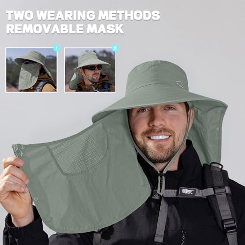 Rosoz Sun Hat for Men Women with Neck Flap,Wide Brim UPF50+ Fishing Hat with Detachable Face Cover Outdoor Sun Protection Hat - color: 1pack-army Green
