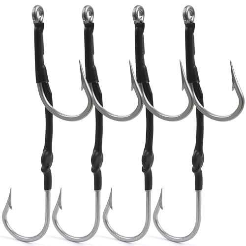 Double Hooks Rig for Trolling Chunking,4pcs Saltwater Trolling Hooks Stainless Steel Double Trolling Hooks Large Big Game Fishing Hooks for Marlin Shark Tuna Wahoo Dorado Fishing - size: 11/0-4pcs