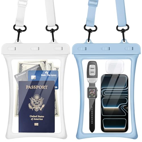 CACOE Floatable Waterproof Phone Pouch 2 Pack Up to 10.0",White+Light Blue | Floatable, IPX8 Waterproof Phone Case,Adjustable Lanyard,Dry Bags for Beach/Cruise/Travel/Camping/Kayak/Vacation Essentials - color: White+Light Blue, size: Up to 10.0"-Floatable