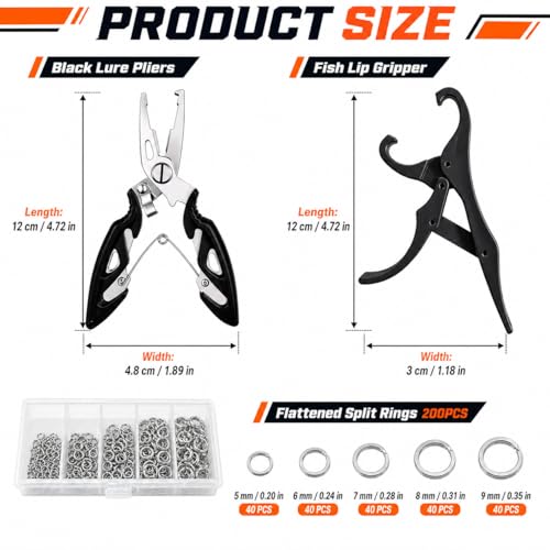 200PCS Fishing Split Rings Kit, Split Ring Pliers & 4.7'' Fish Lip Gripper, 5 Sizes Heavy Duty Stainless Steel Lure Hook Connectors, 30-120lb Tackle Assortment for Saltwater Freshwater Fishing