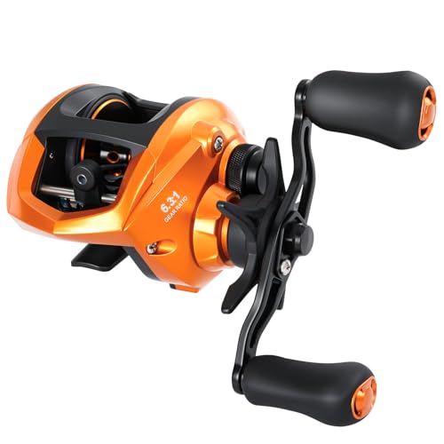 Sougayilang Baitcasting Fishing Reel, 8:1 High Speed Gear Ratio Super Smooth and Powerful Low Profile Baitcaster Reel with Maganic Brake System for Freshwater,Saltwater - color: Orange-Left Hand