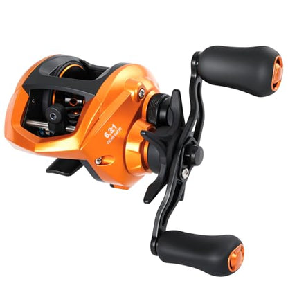 Sougayilang Baitcasting Fishing Reel, 8:1 High Speed Gear Ratio Super Smooth and Powerful Low Profile Baitcaster Reel with Maganic Brake System for Freshwater,Saltwater - color: Orange-Left Hand