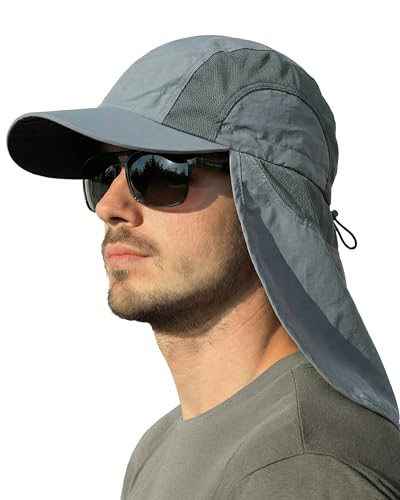 Mens Sun Hat with Breathable Mesh Sun Hats for Men Sun Protection Fishing Hat with Neck Flap for Hiking Cycling - color: Gray-blue
