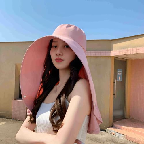 Fashion Outdoor Beach Hats UPF 50+ UV Sun Protection Wide Brim Shawl Breathable Face Neck Flap Cover Folding Sun Hat - color: Pink