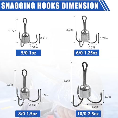 Snagging Hooks Heavy Duty Snagging Weighted Treble Hooks, 4pcs Large Treble Hooks Bunker Snag Hook for Bottom Fishing Trout Salmon 5/0 6/0 8/0 10/0 - size: 5/0(1oz)-4pcs