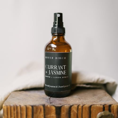 River Birch Currant + Jasmine Scented Linen and Room Spray | Home Fragrance | 4 oz Glass Amber Bottle | Luxury Signature Scent | Handmade in Texas - color: Currant + Jasmine