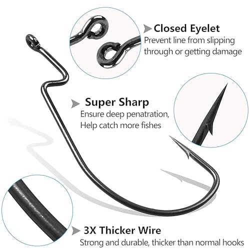Bass Fishing Hooks 3X Strong Offset EWG Worm Hooks Jigs for Soft Plastic Bait Bass Trout Texas Rig 1-5/0 - size: 150PCS-2/0