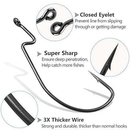 Bass Fishing Hooks 3X Strong Offset EWG Worm Hooks Jigs for Soft Plastic Bait Bass Trout Texas Rig 1-5/0 - size: 150PCS-2/0