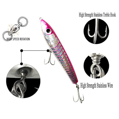 Topwater Pencil Popper Wobbler Hard Stick Baits Handmade Fishing Lure Plug Swimbait with Fishing Treble Hooks Bait Floating Saltwater 4.9OZ - color: black